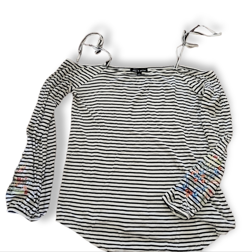 New Cable & Gauge Striped Cold Shoulder Blouse Off Shoulder Top Embroidered